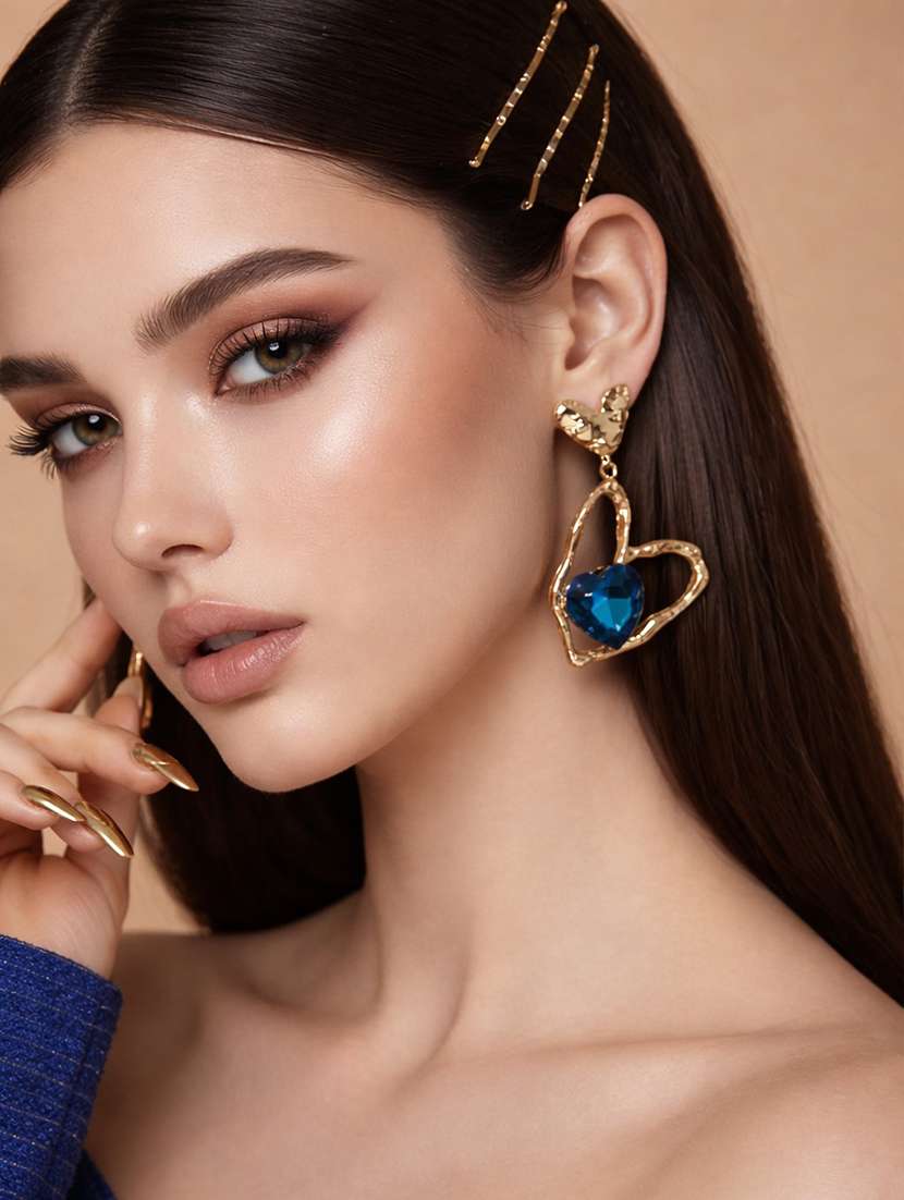 stylish gold-tone heart drop earrings with blue crystal for women - 22512704 -  Standard Image - 2