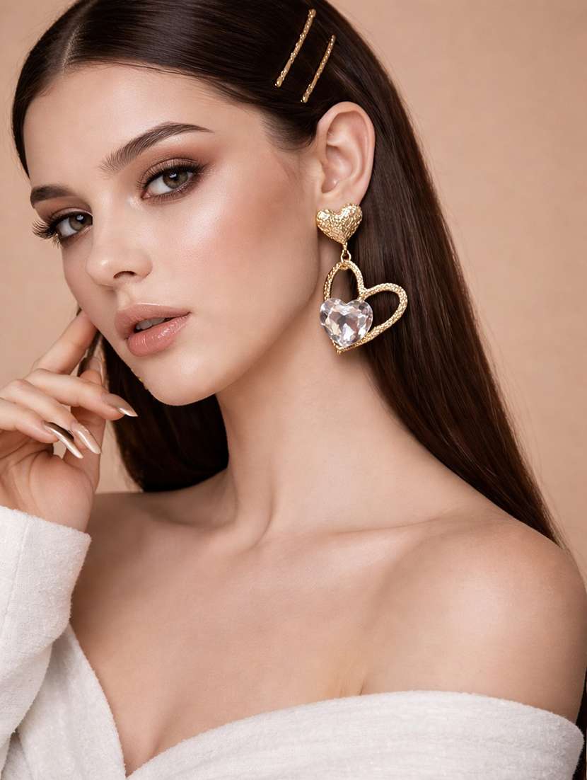 stylish gold-tone heart drop earrings with silver crystal for women - 22512705 -  Standard Image - 2