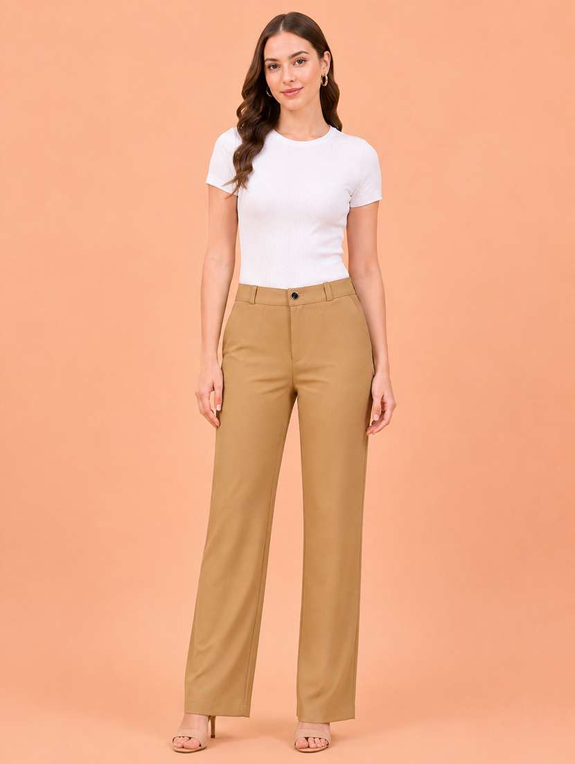 women solid high rise straight fit trouser - 22512706 -  Standard Image - 2