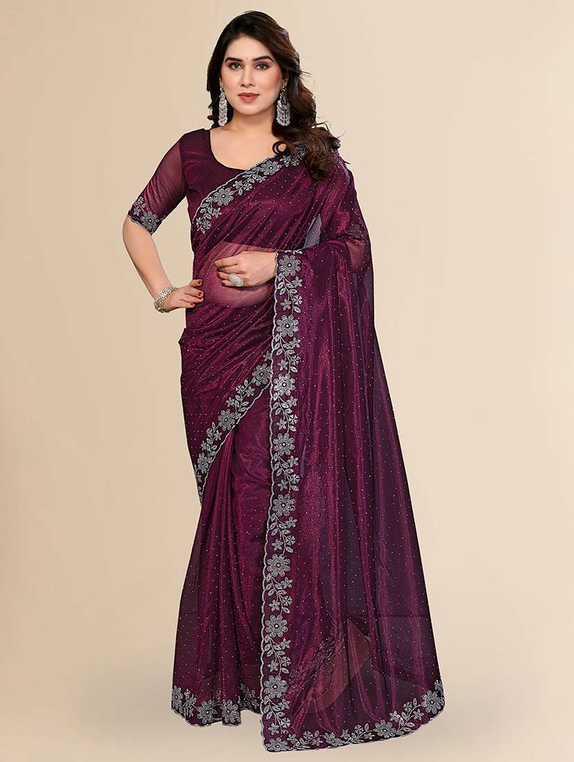 women solid with work embellished saree with blouse