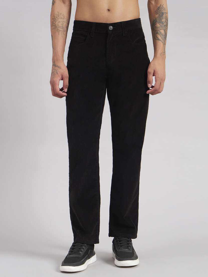 men solid mid rise flat front casual trouser