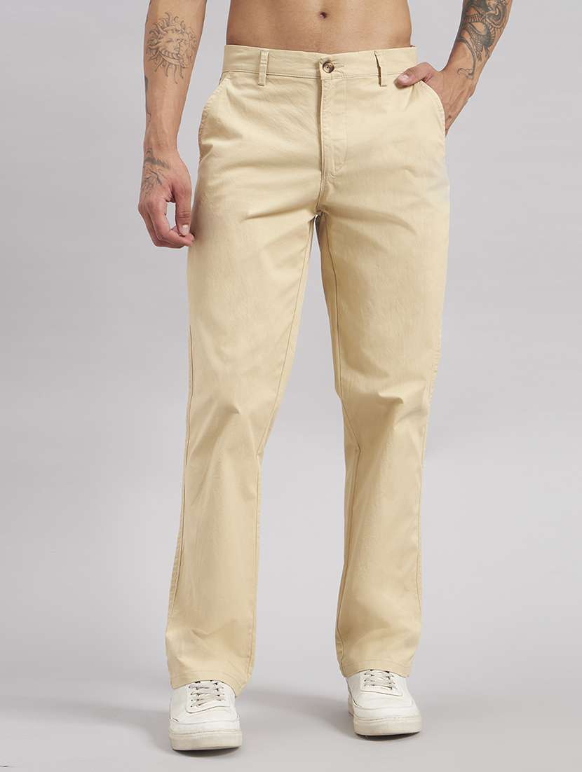 men solid mid rise flat front casual trouser