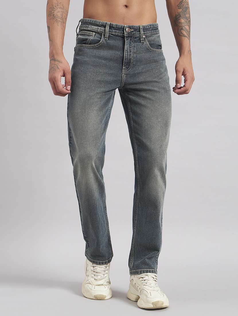 men washed mid rise full length straight jeans