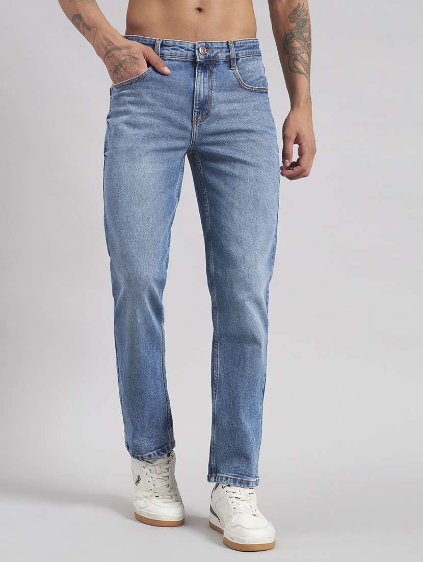 men washed mid rise full length straight jeans
