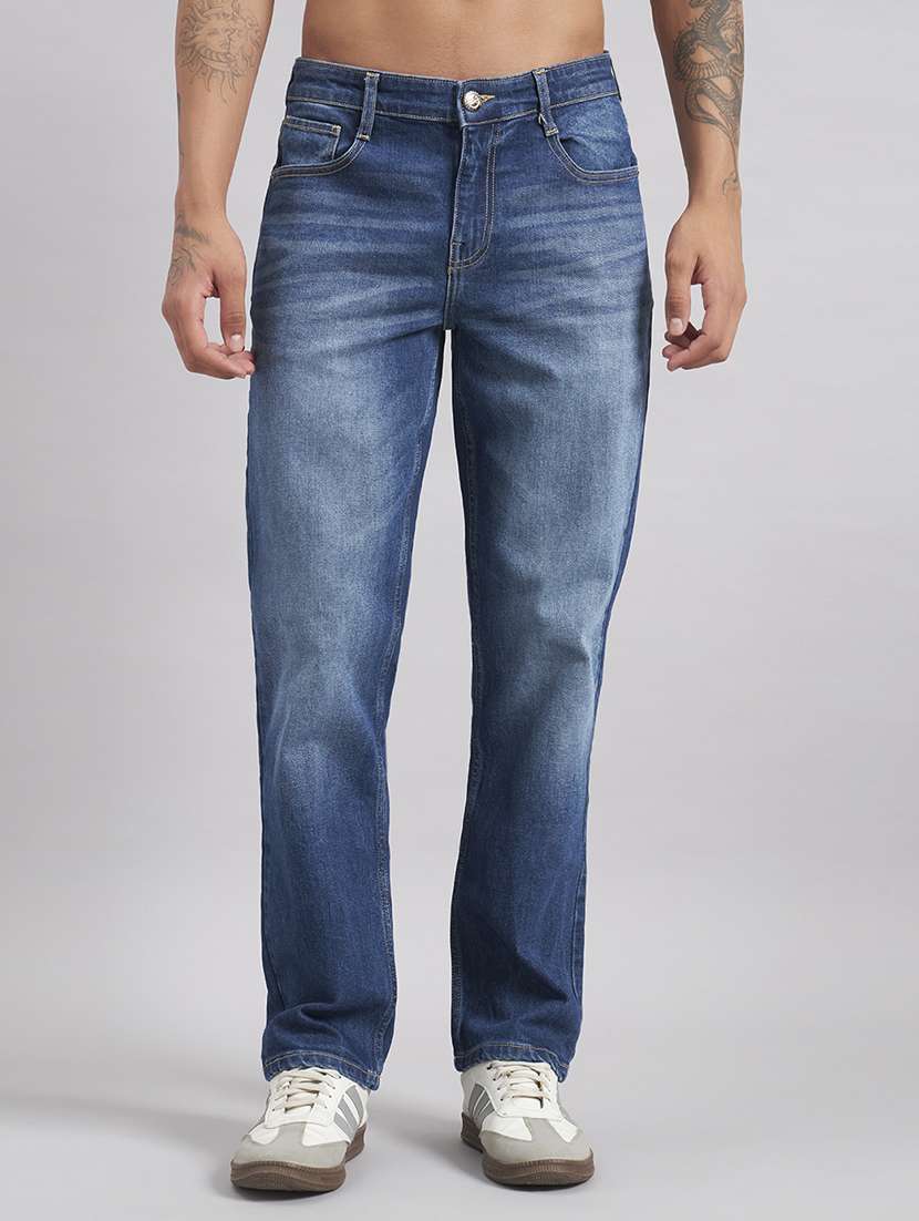 men washed mid rise full length straight jeans