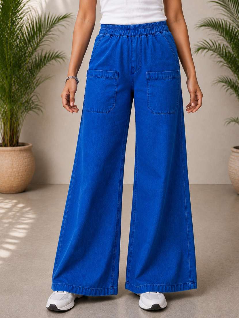 women plain mid rise wide leg jeans