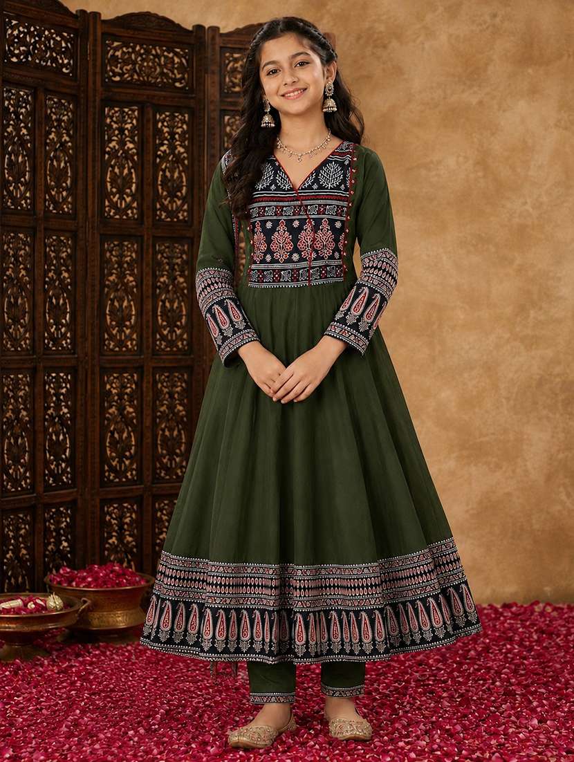 girls printed three quarter sleeves anarkali kurta - 22512824 -  Standard Image - 2