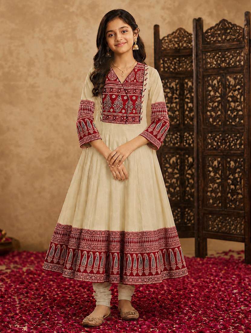 girls printed three quarter sleeves anarkali kurta - 22512825 -  Standard Image - 2