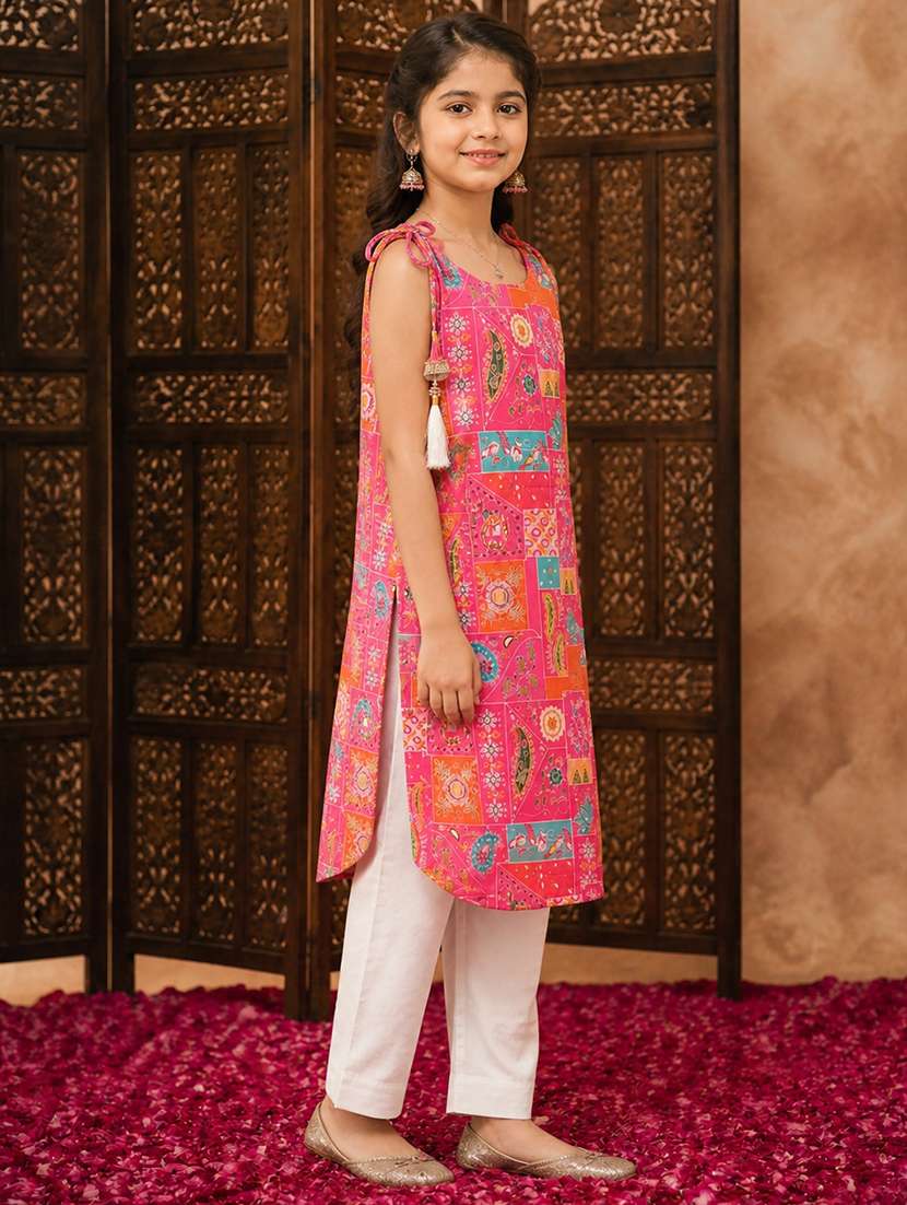 girls printed sleeveless kurta and pant set - 22512830 -  Standard Image - 2