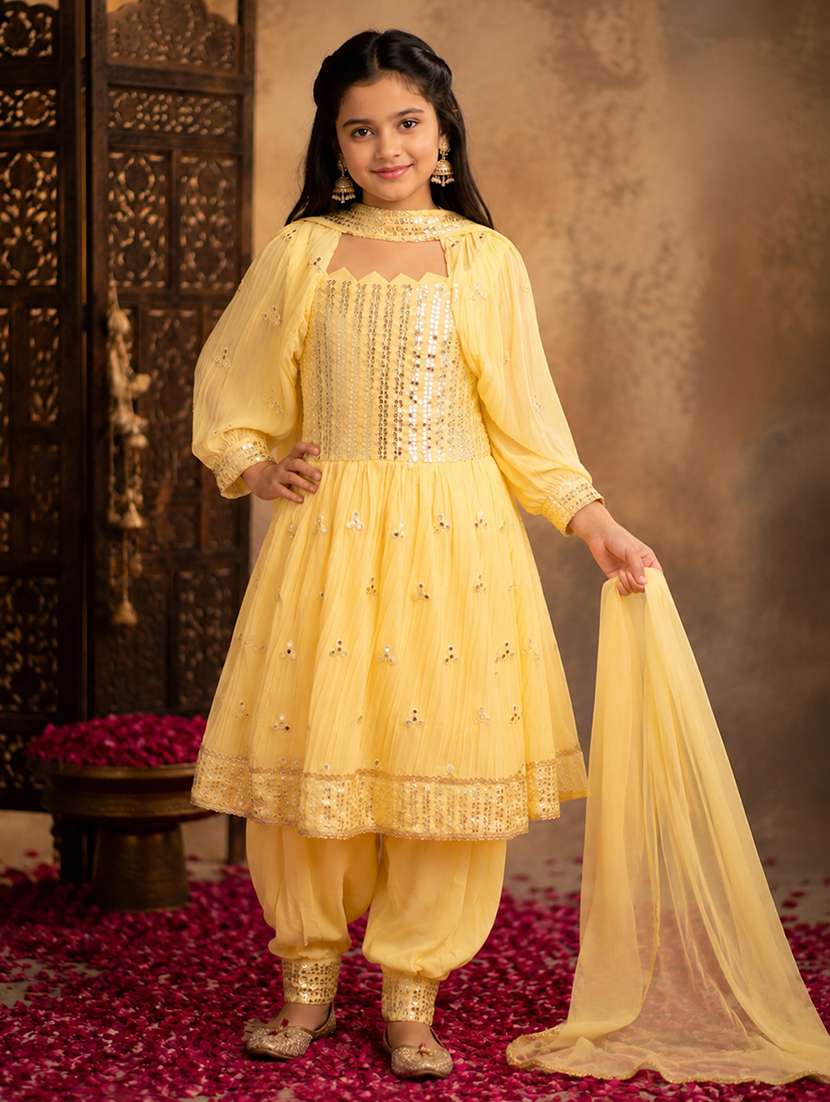 girls embroidered sleeveless kurt aand salwar set with detachable sleeve