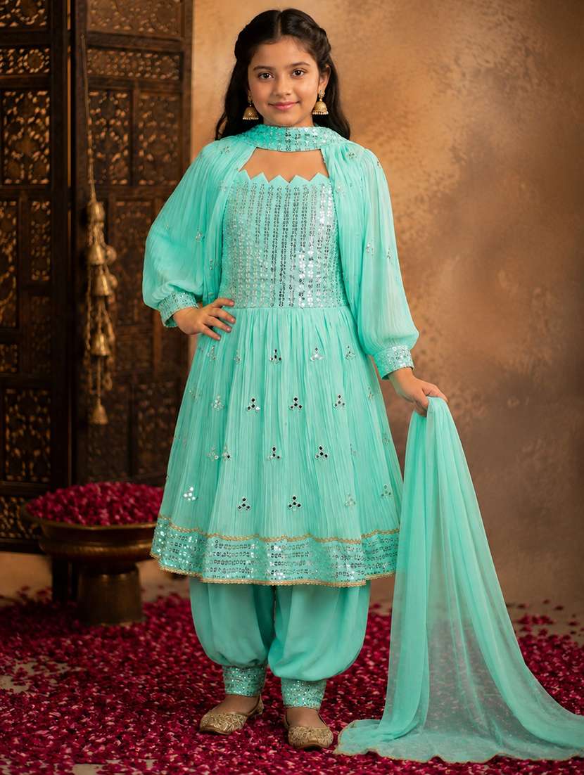 girls embroidered sleeveless kurt aand salwar set with detachable sleeve