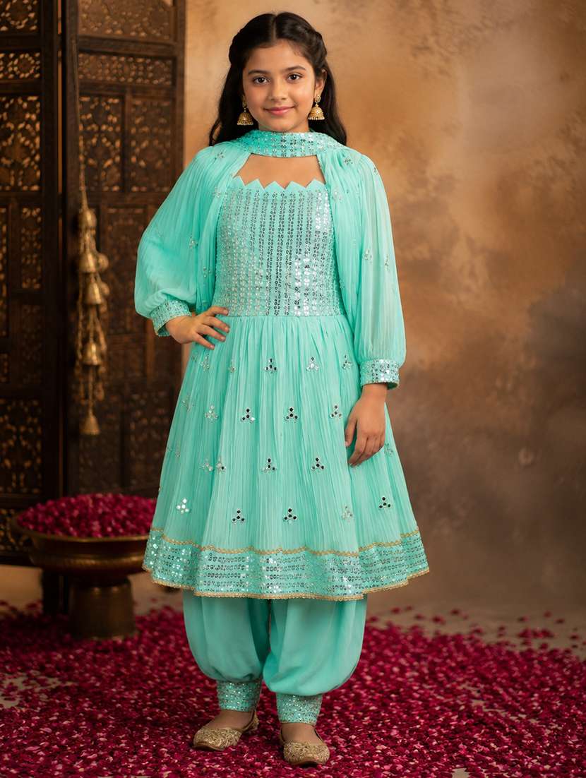 girls embroidered sleeveless kurt aand salwar set with detachable sleeve - 22512835 -  Standard Image - 2