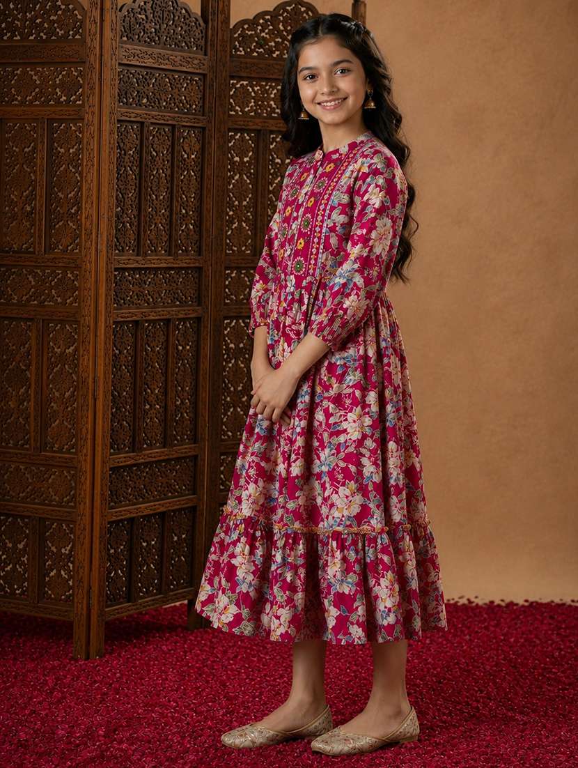 girls printed mandarin neck tiered kurta - 22512873 -  Standard Image - 2