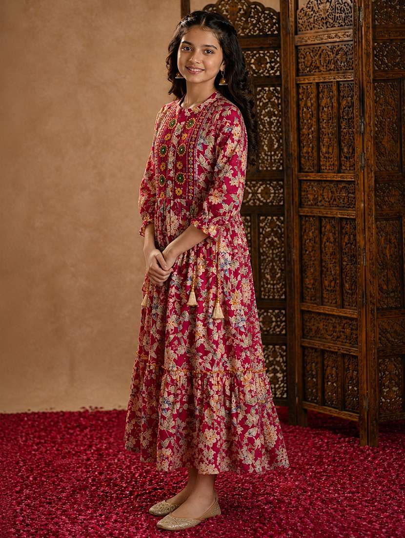 girls printed mandarin neck tiered kurta - 22512881 -  Standard Image - 2