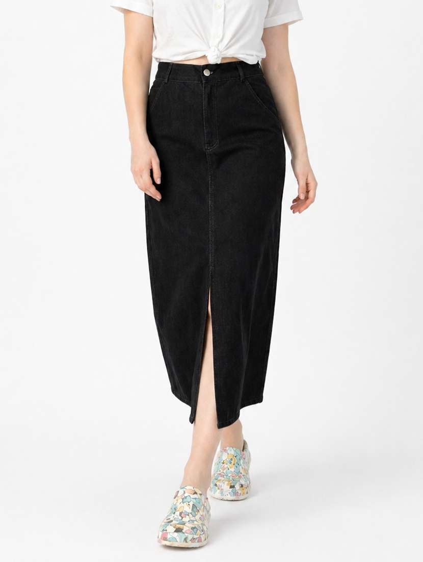 women solid high rise denim skirt