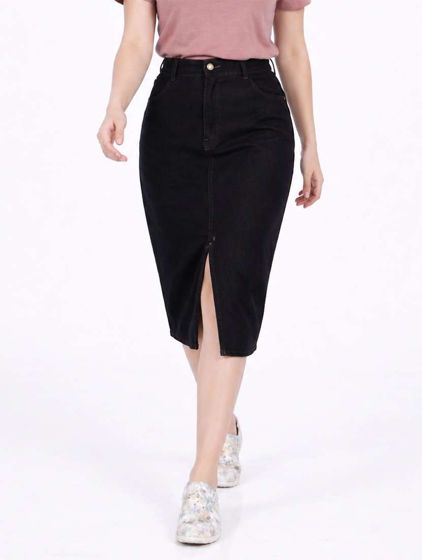 women solid high rise denim skirt