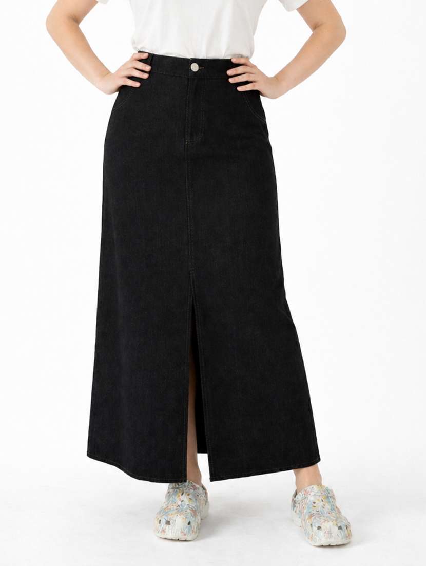 women solid high rise denim skirt
