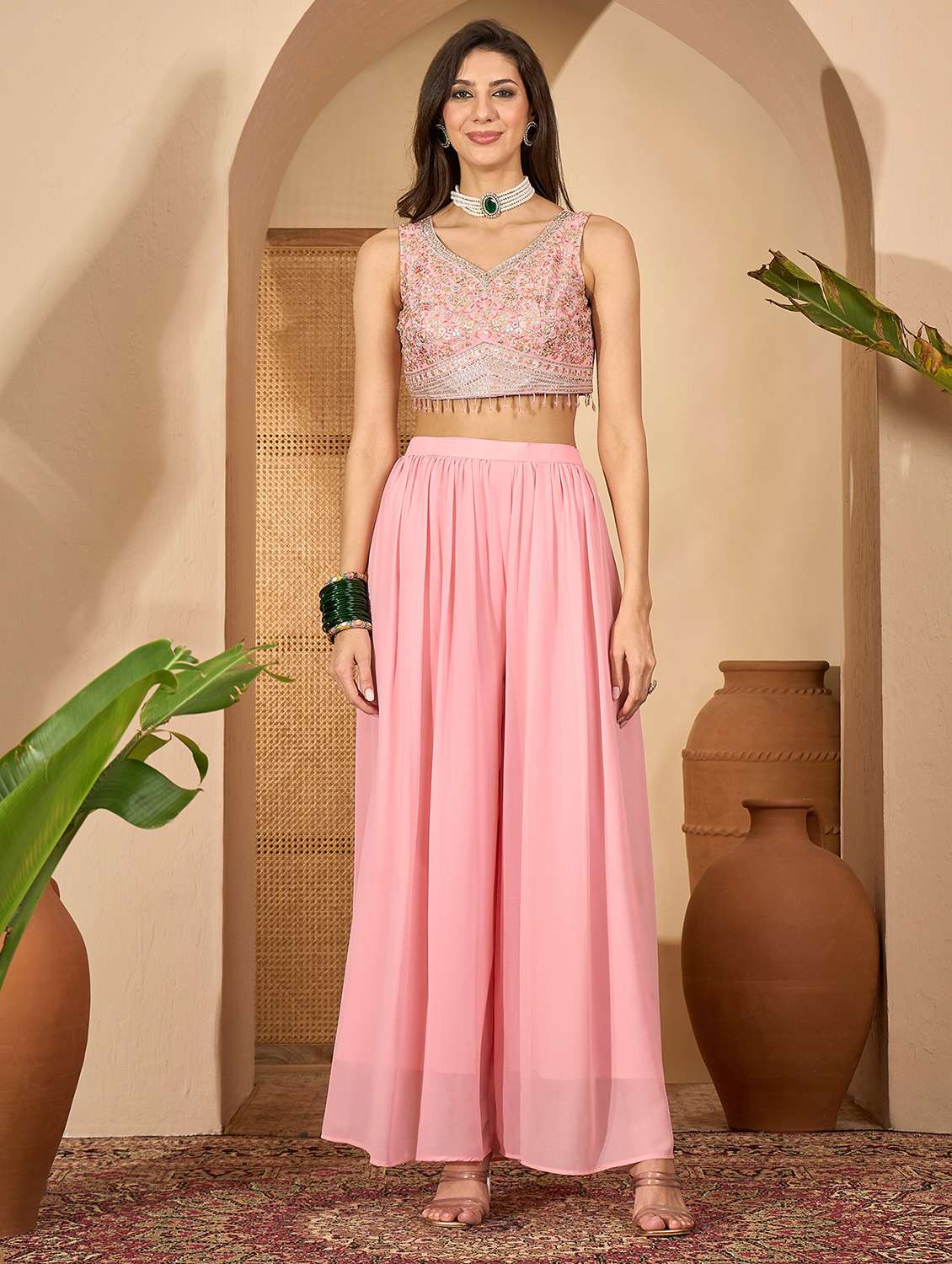 Women Embroidered V Neck Top And Palazzo With Shrug - 22512984 -  Standard Image - 2