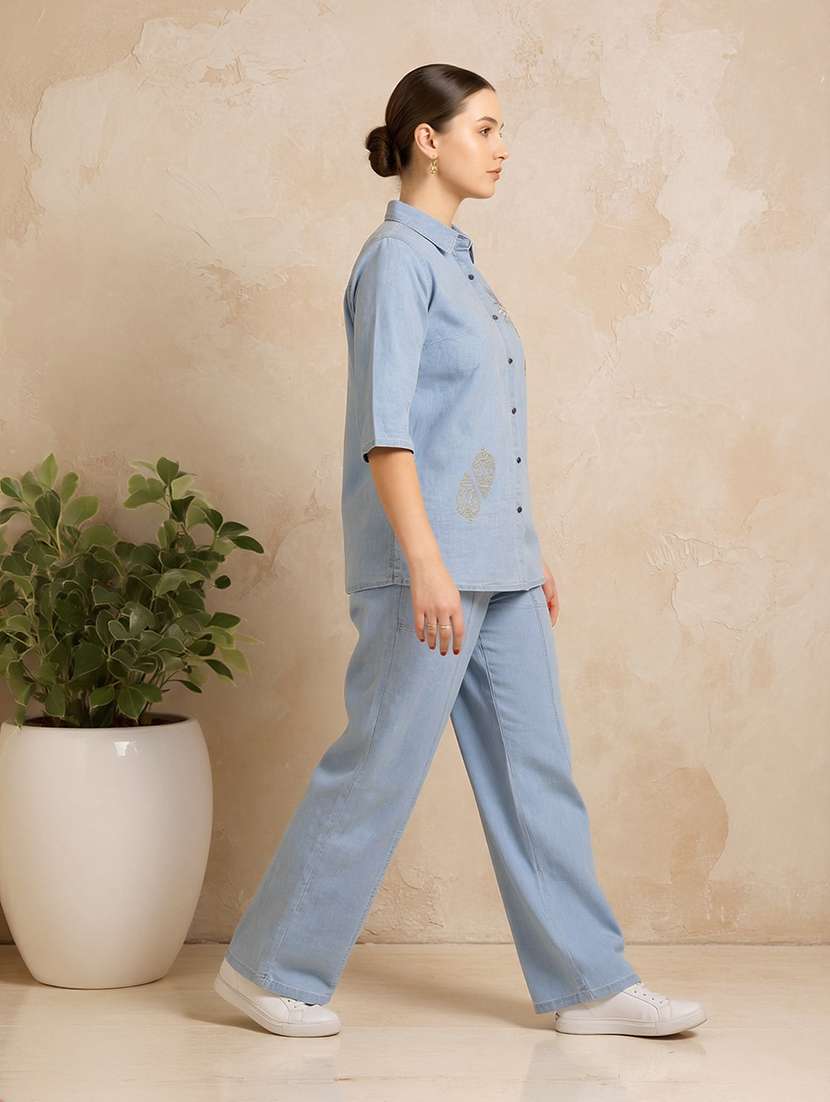women embroidered collared shirt and trouser co-ord set - 22513455 -  Standard Image - 2