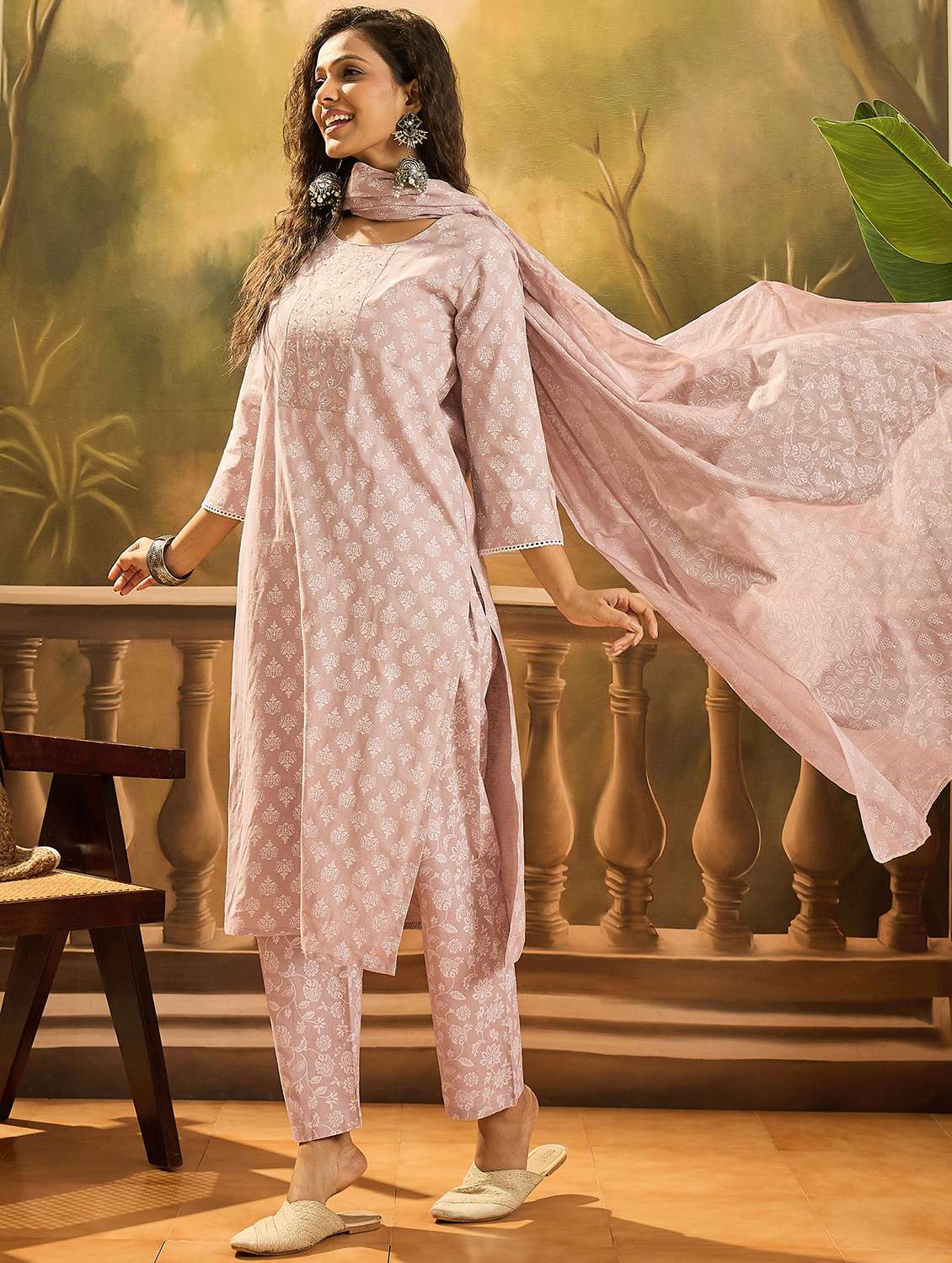 women printed three quarter sleeve kurta pant with dupatta set - 22513518 -  Standard Image - 2