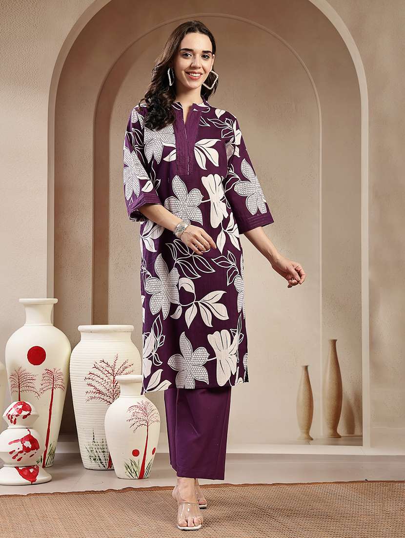 women printed mandarin neck kurta and palazzo set - 22513531 -  Standard Image - 2