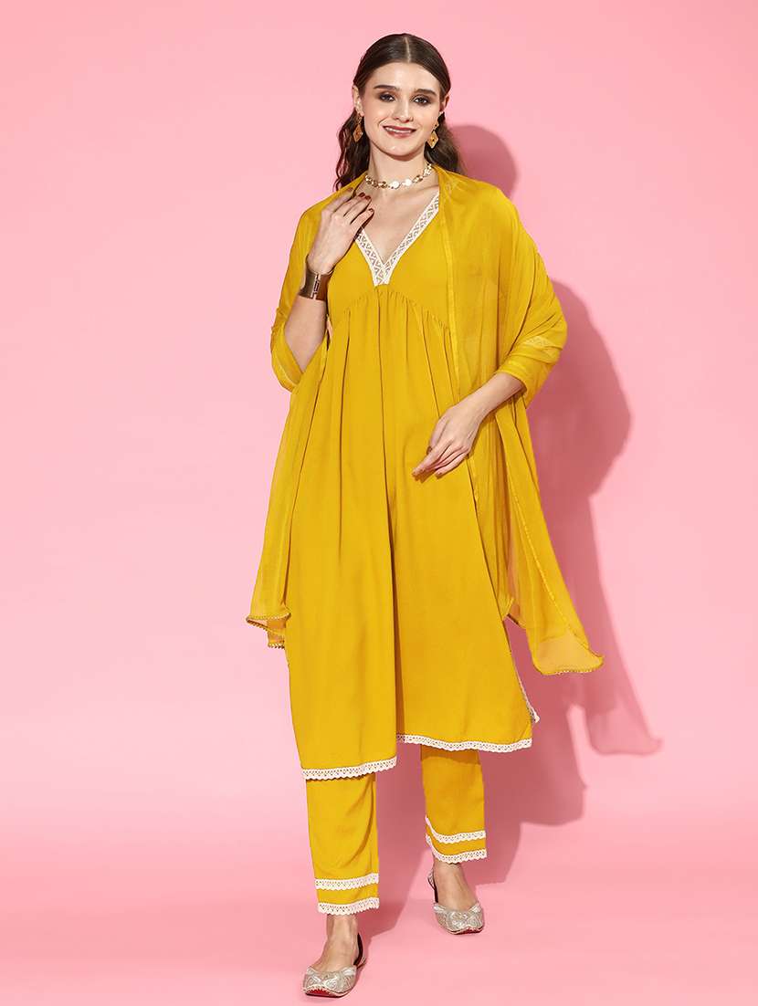 women solid v neck kurta and pant set with dupatta - 22513546 -  Standard Image - 2