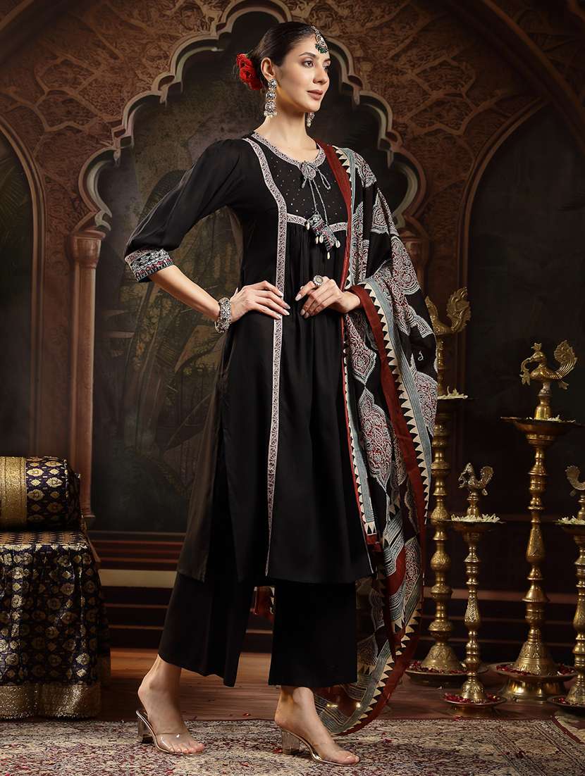 women embellished tie up neck kurta and palazzo set with dupatta - 22513565 -  Standard Image - 2
