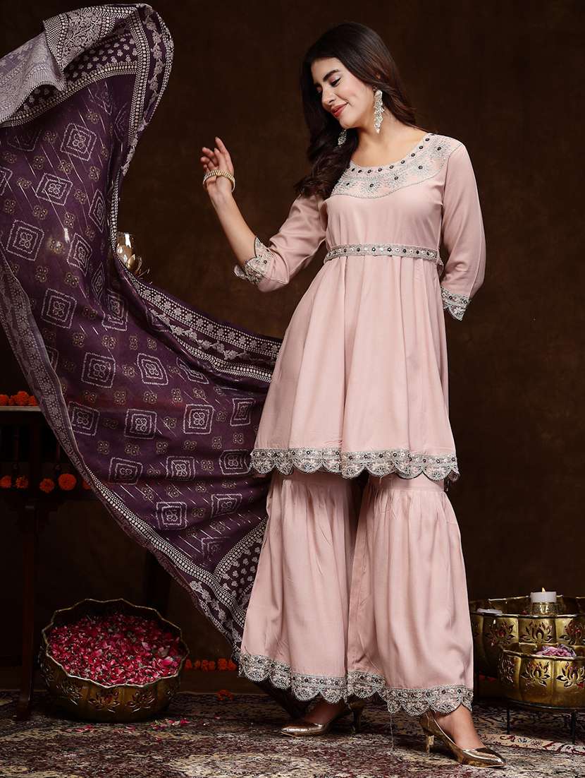women embroidered round neck kurta and sharara set with dupatta