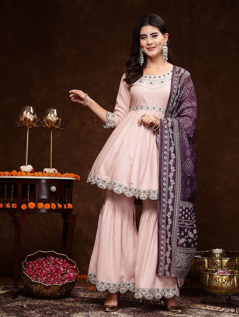 Women Embroidered Round Neck Kurta And Sharara Set With Dupatta - 22513695 -  Standard Image - 2