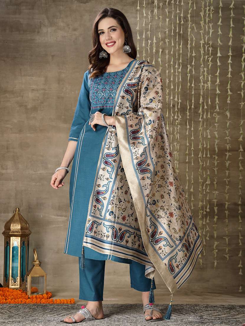 women embroidered three quarter sleeve kurta pant with dupatta set - 22513742 -  Standard Image - 2