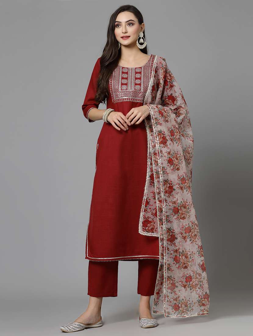 women embroidered three quarter sleeve kurta pant with dupatta set