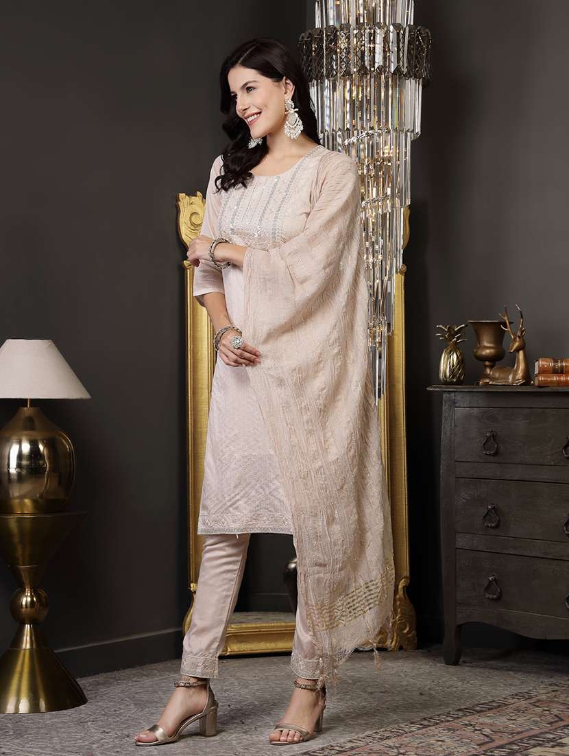 women embroidered round neck kurta and pant set with dupatta - 22513806 -  Standard Image - 2