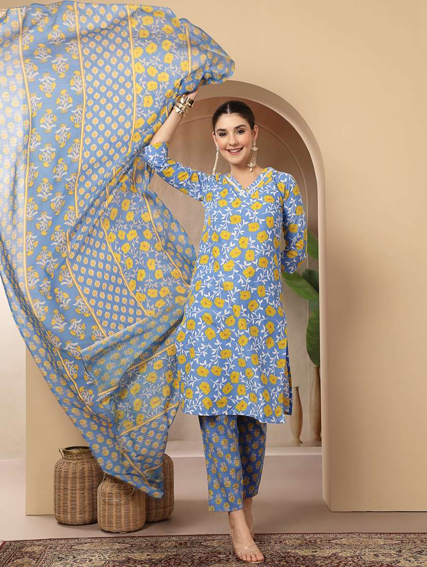 women printed v neck kurta and pant set with dupatta