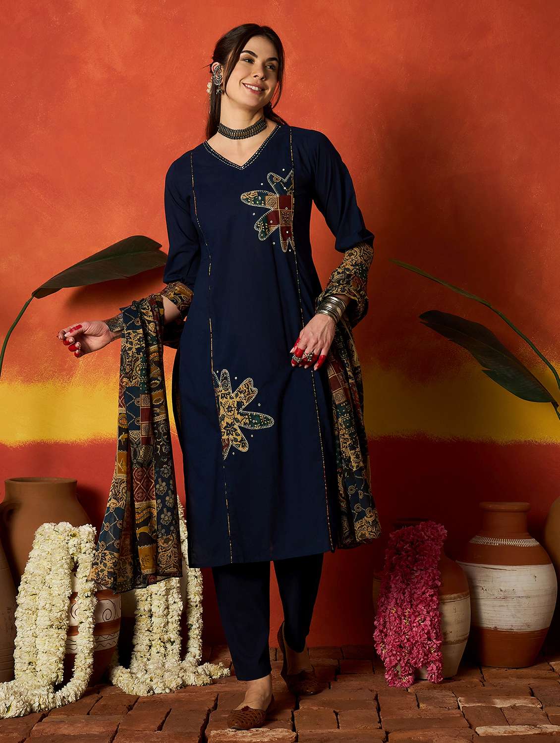 women embroidered v neck kurta and pant set with dupatta