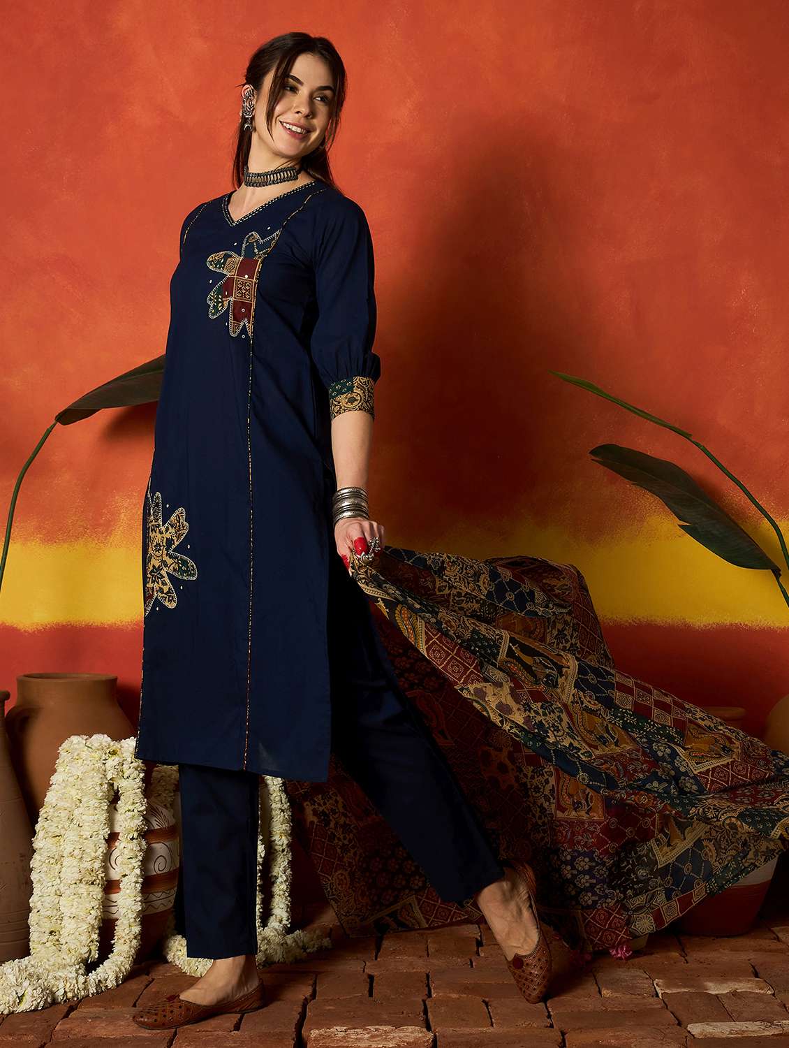 women embroidered v neck kurta and pant set with dupatta - 22513834 -  Standard Image - 2