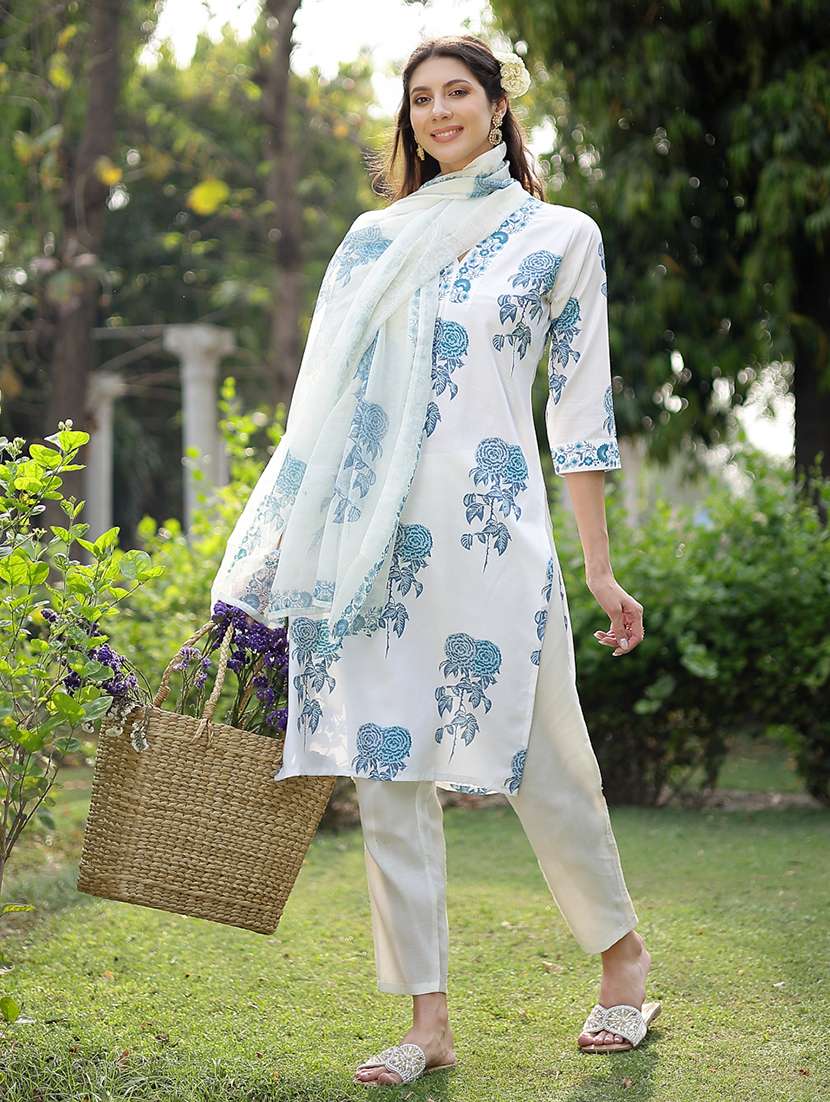women printed v neck kurta and pant set with dupatta