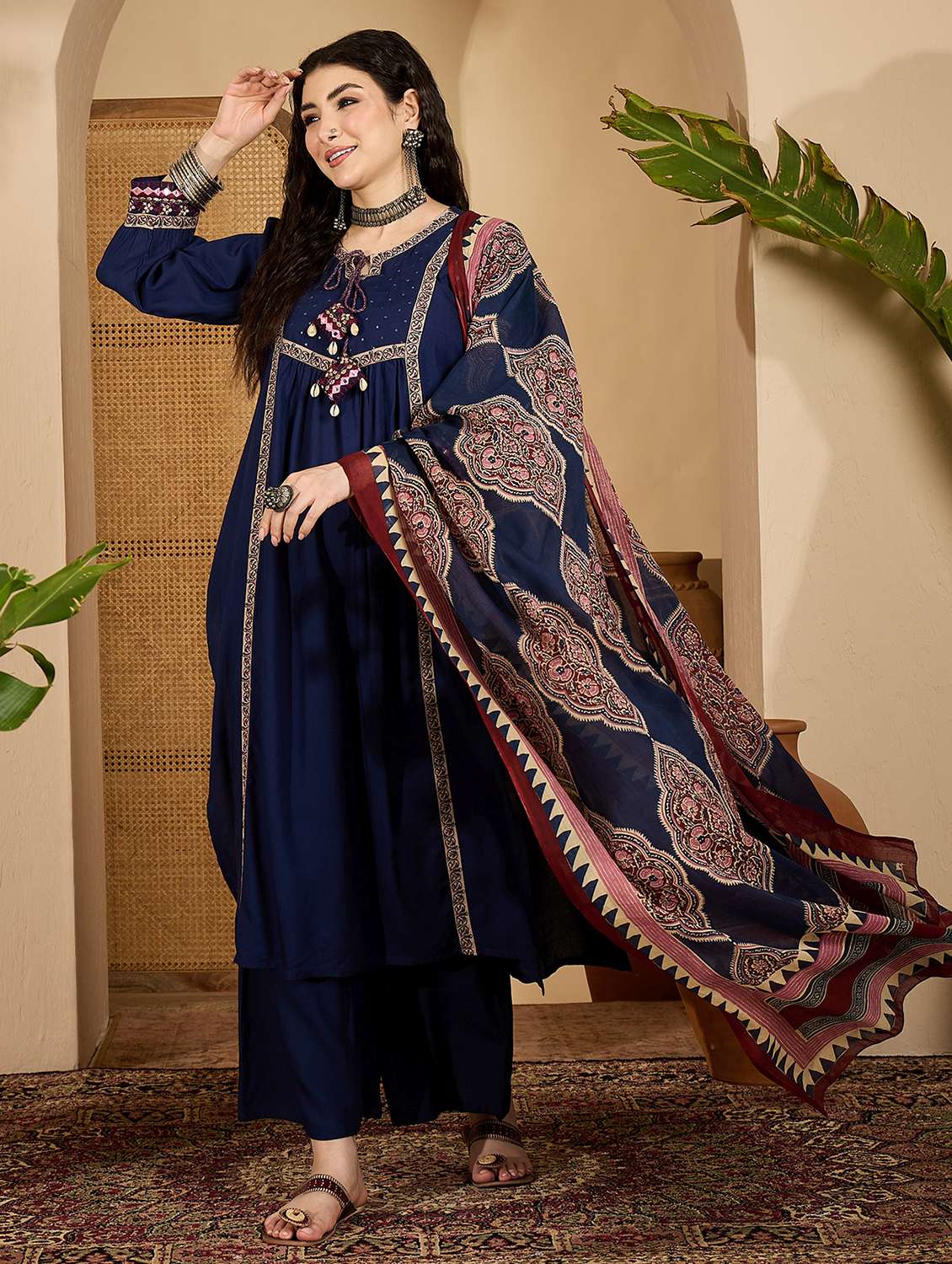 women embellished tie up neck kurta and pant set with dupatta