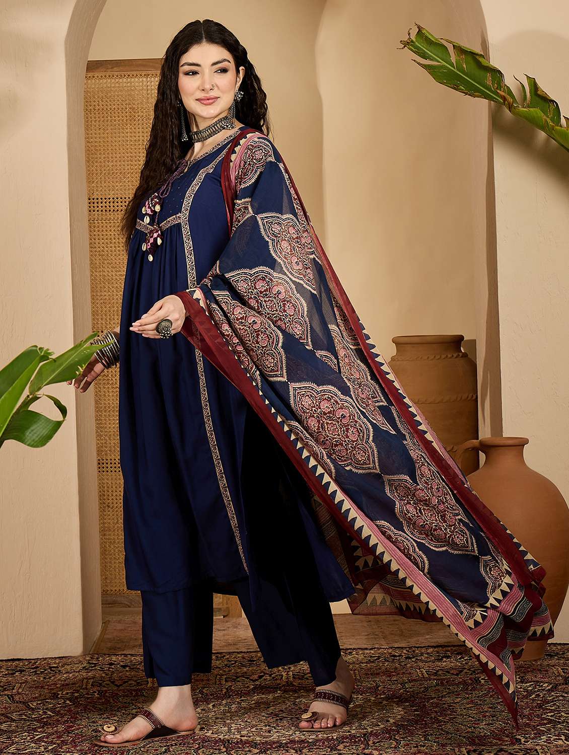 women embellished tie up neck kurta and pant set with dupatta - 22513847 -  Standard Image - 2