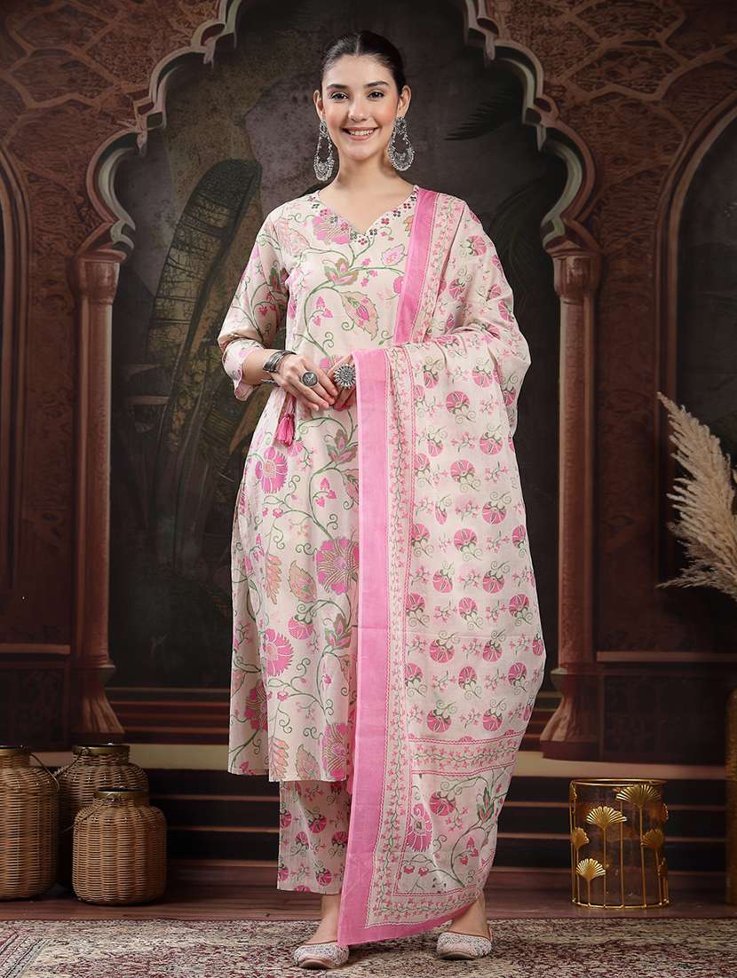 women printed v neck kurta and pant set with dupatta - 22513850 -  Standard Image - 2
