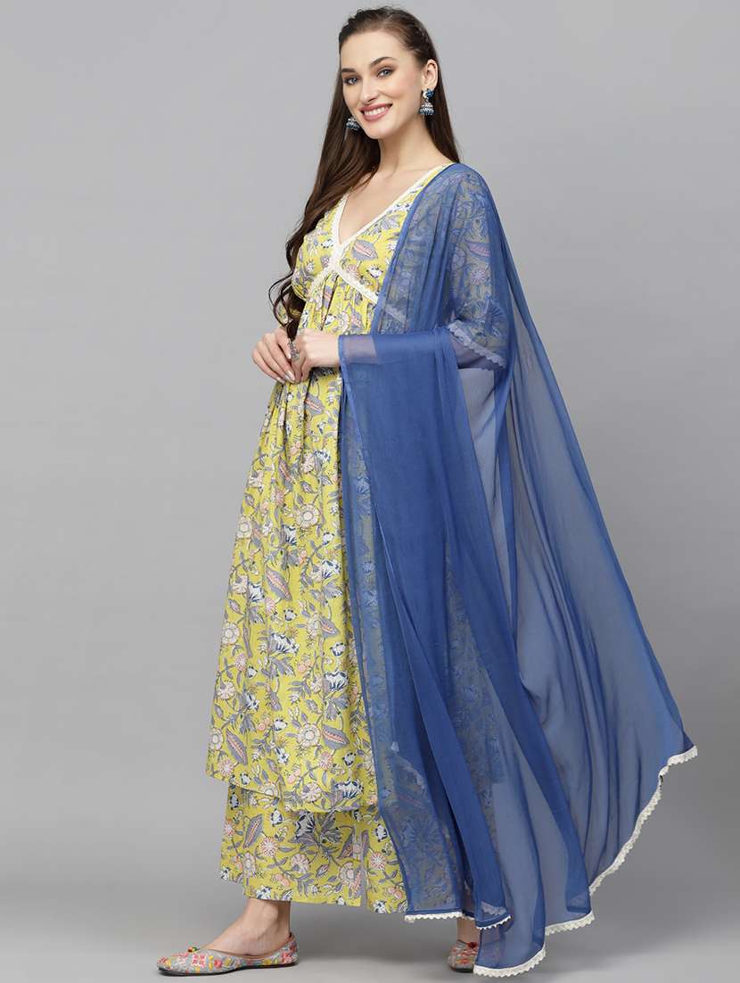women printed v neck kurta and palazzo set with dupatta - 22513862 -  Standard Image - 2
