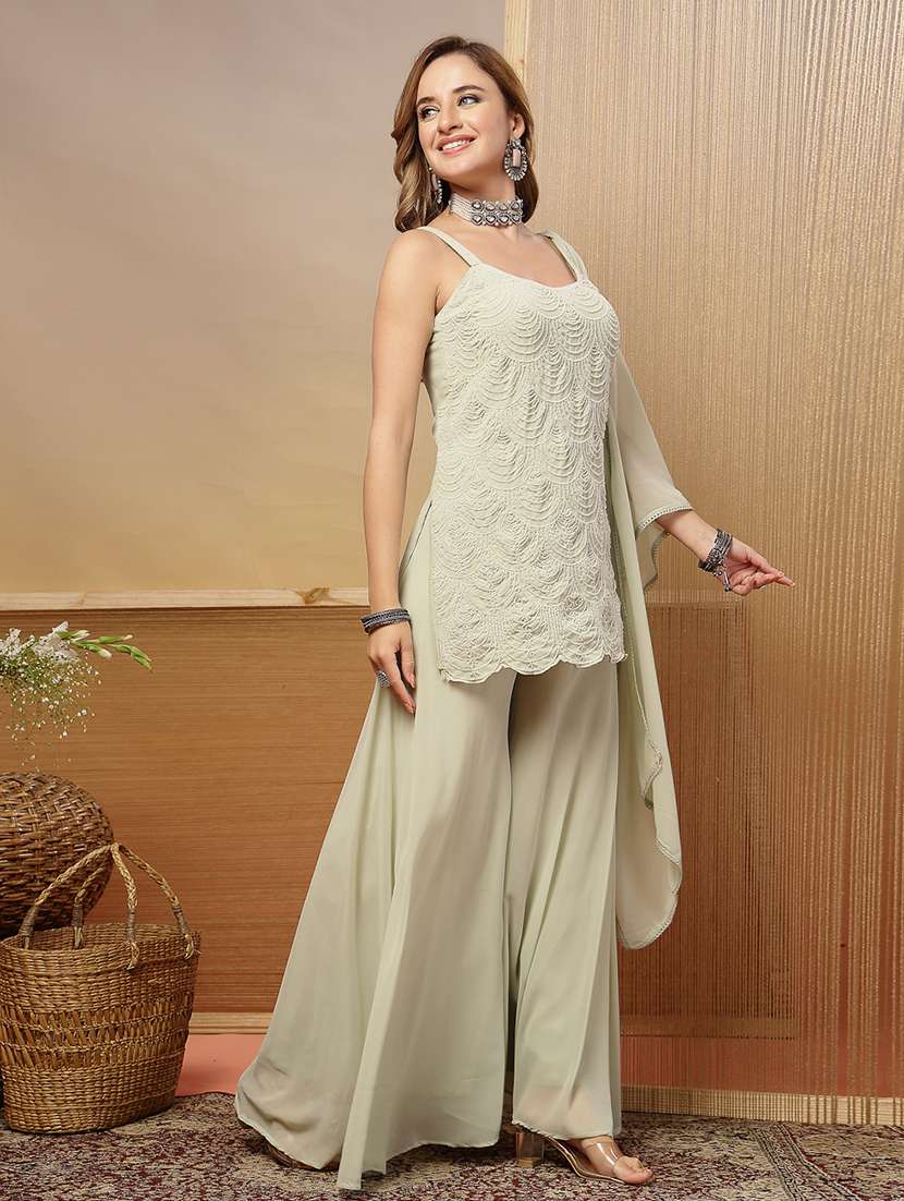 women embroidered shoulder strap kurta and palazzo set with dupatta - 22513878 -  Standard Image - 2