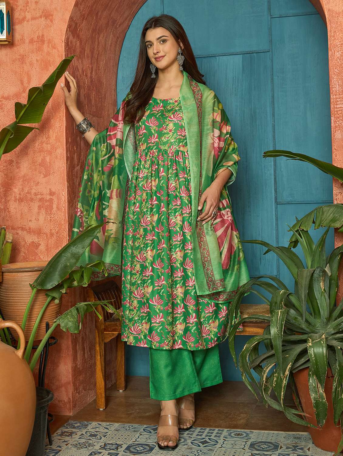 women printed round neck kurta and palazzo set with dupatta - 22513887 -  Standard Image - 2