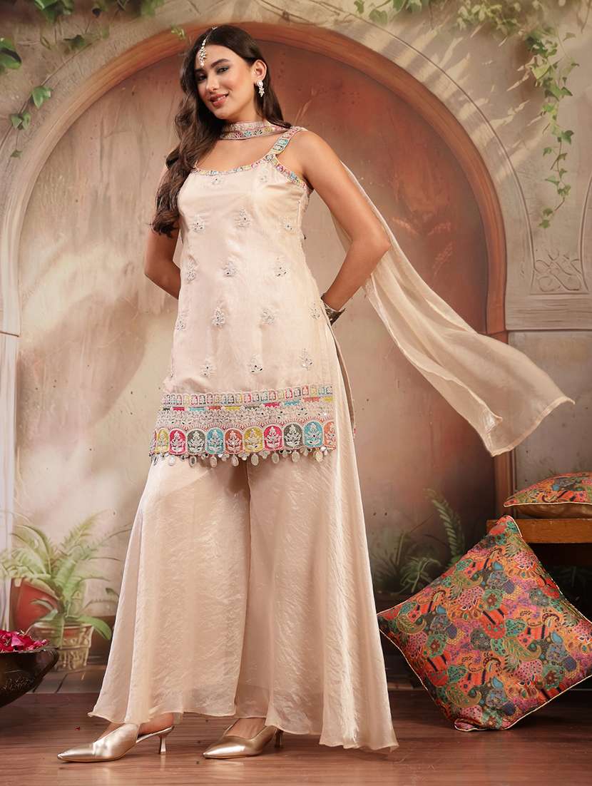 Women Embroidered Shoulder Strap Kurta And Palazzo Set With Dupatta - 22513902 -  Standard Image - 2