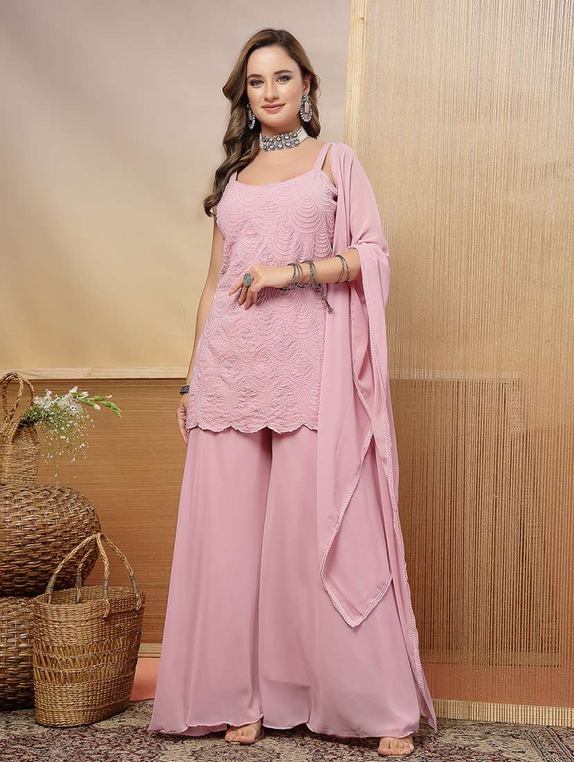 women embroidered shoulder strap kurta and palazzo set with dupatta