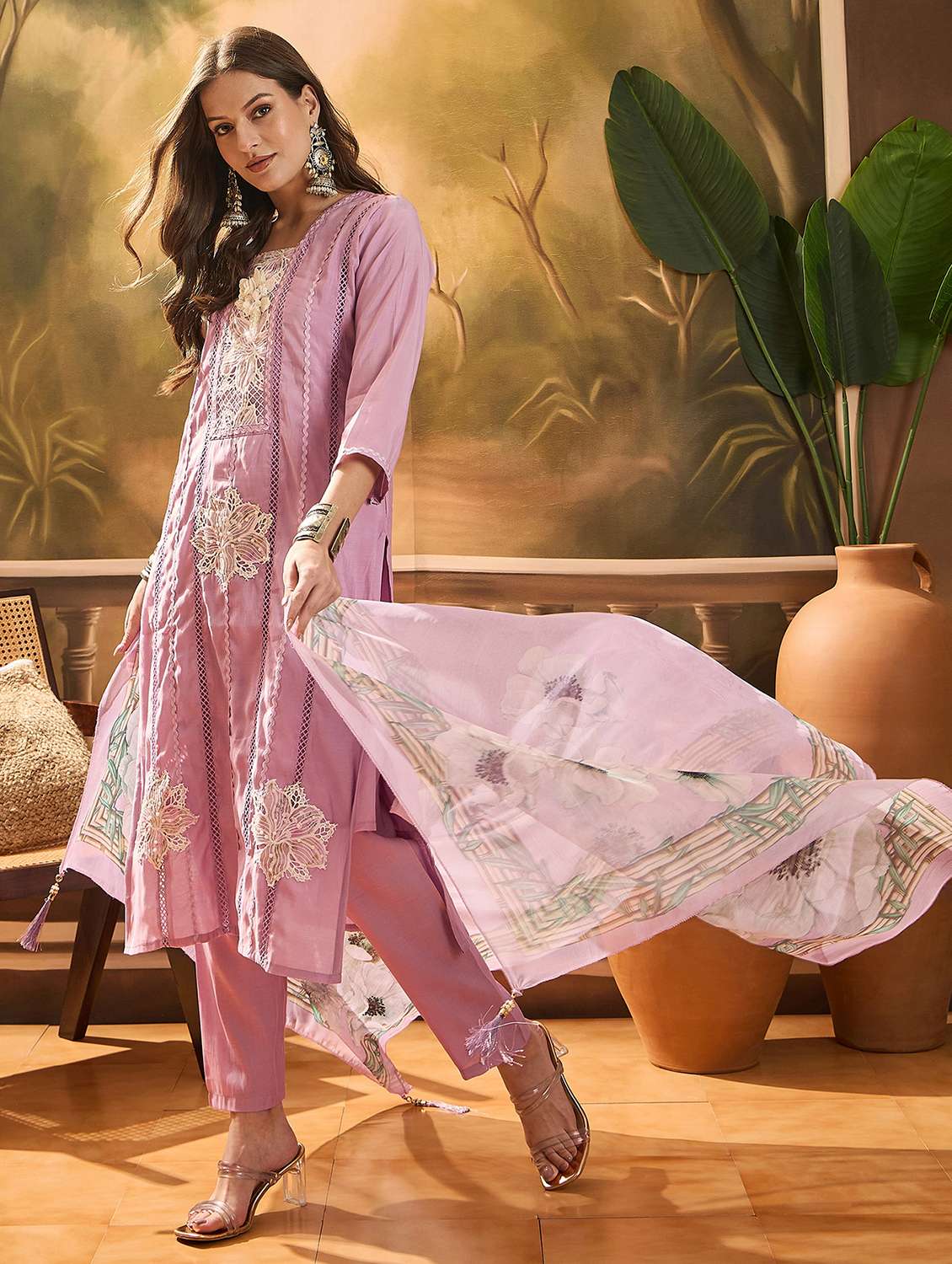women printed three quarter sleeves kurta pant set with dupatta - 22513992 -  Standard Image - 2