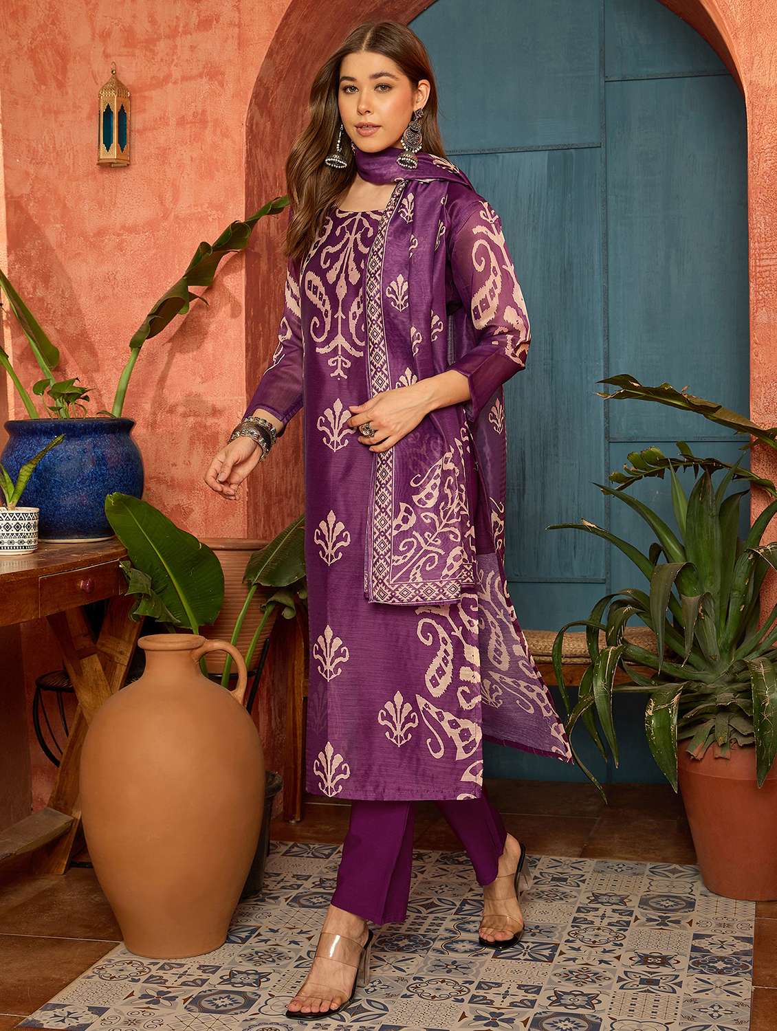 women printed three quarter sleeves kurta pant set with dupatta - 22513993 -  Standard Image - 2