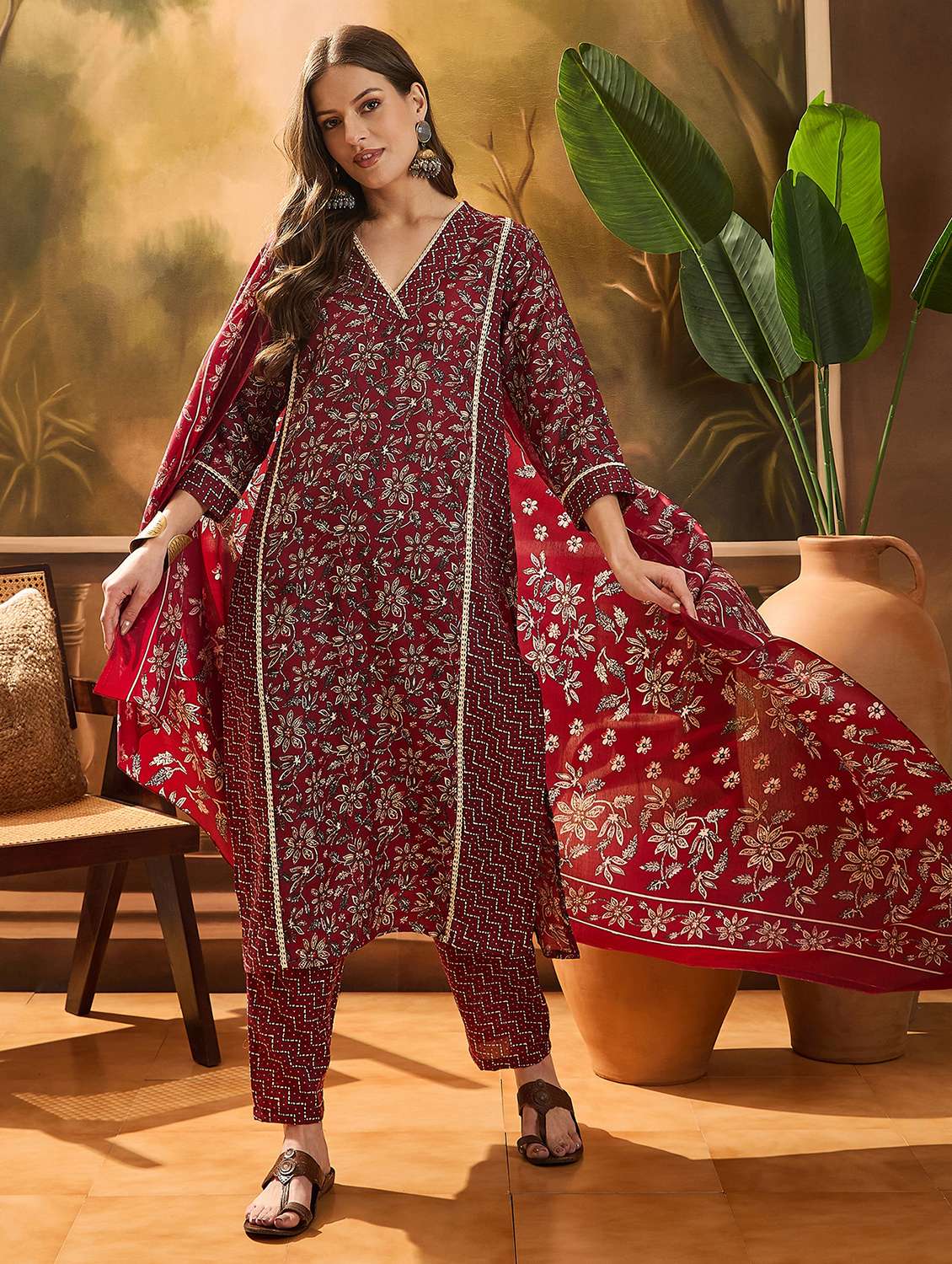 women printed three quarter sleeves kurta pant set with dupatta - 22514013 -  Standard Image - 2