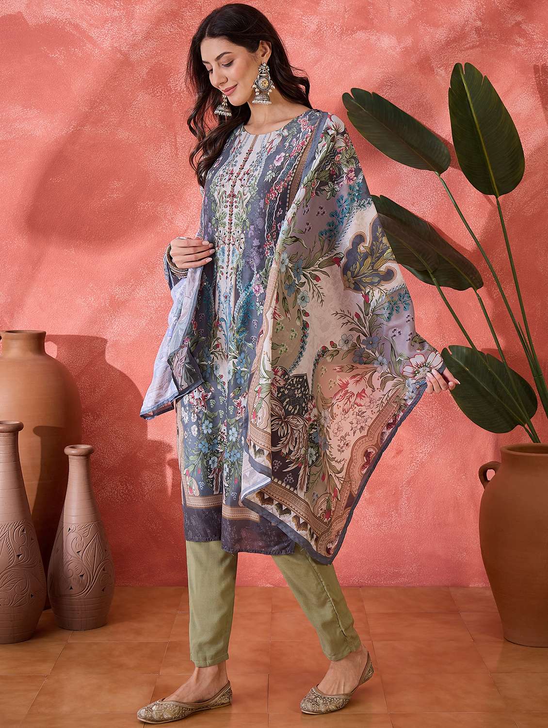 women printed three quarter sleeves kurta pant set with dupatta - 22514040 -  Standard Image - 2