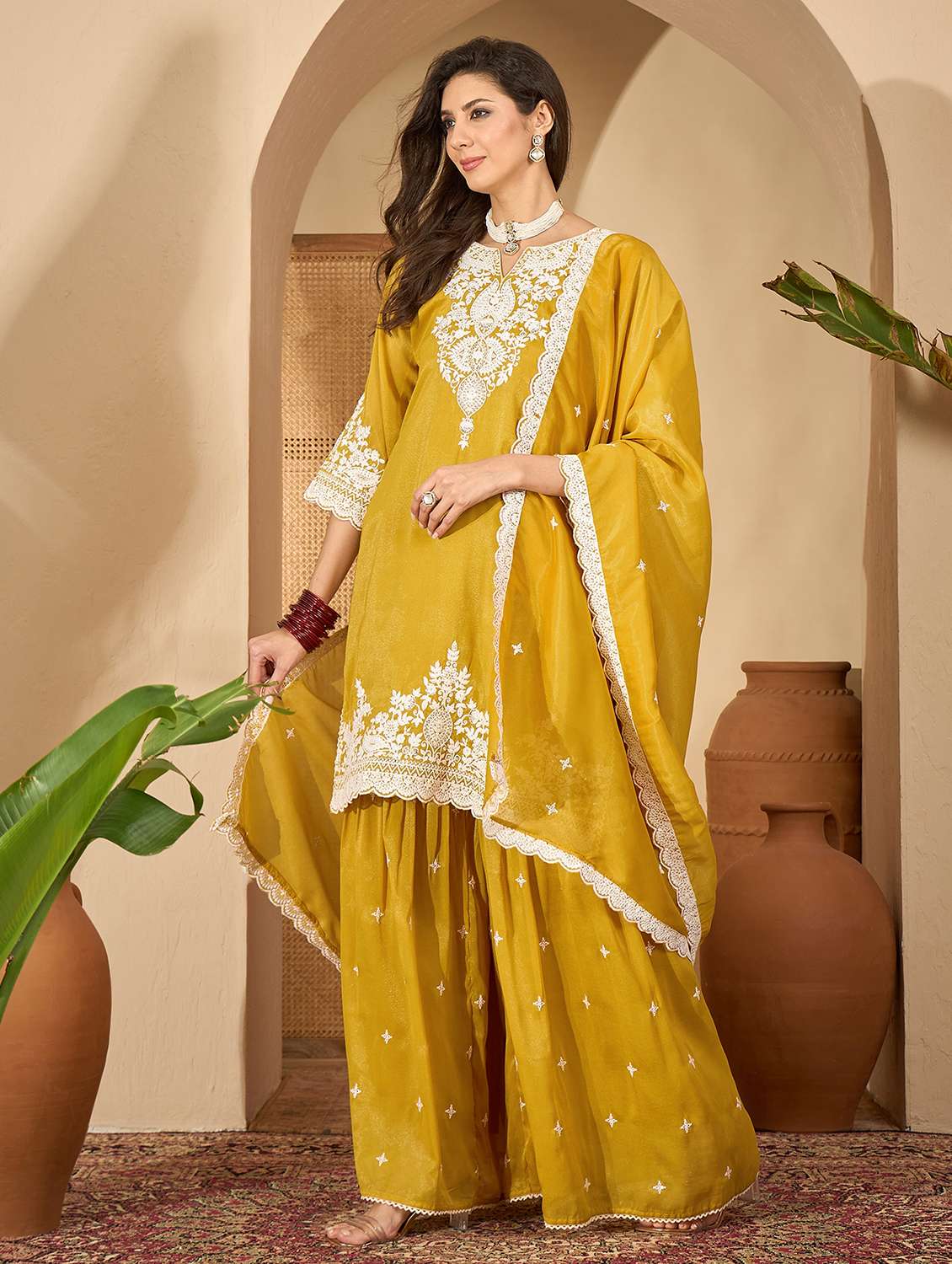 women embroidered three quarter sleeve kurta sharara with dupatta set - 22514148 -  Standard Image - 2