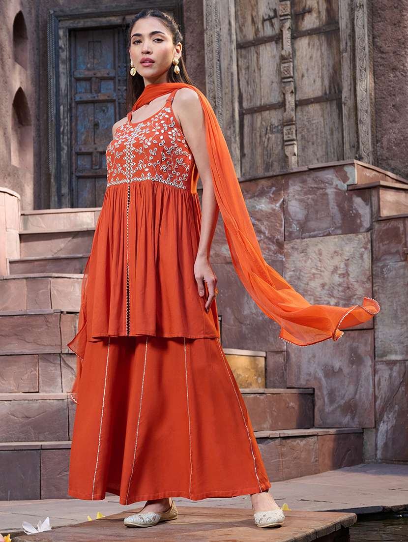 women embroidered shoulder strap kurta sharara with dupatta set - 22514186 -  Standard Image - 2